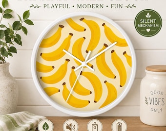 Reloj de pared Vanana de 25 cm / Divertido reloj de decoración para la cocina / Bonito cuadro de frutas para la pared / Moderno reloj de plátano amarillo / Reloj de pared silencioso / Decoración divertida para el hogar