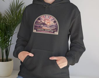 Hoodie met zonsondergangbadge Coastal Adventure | Vintage Beach Surf-logo