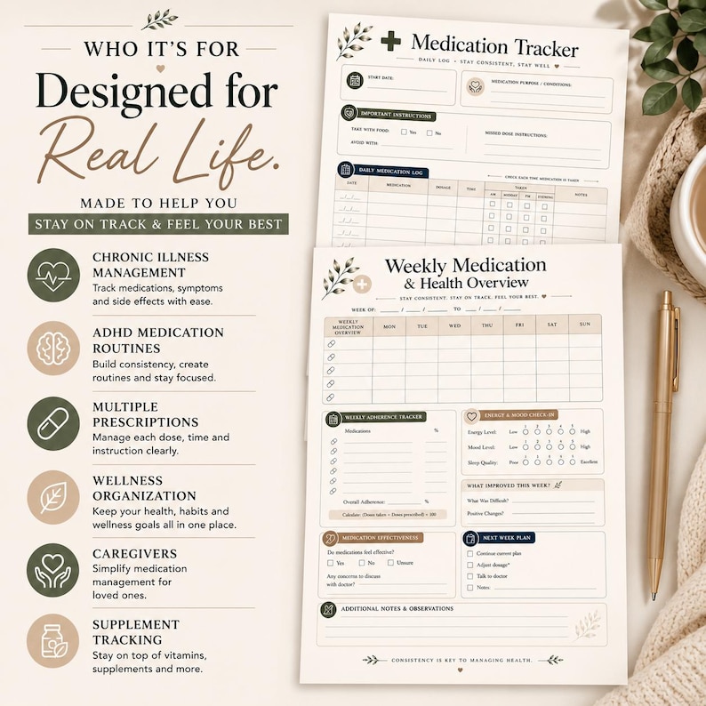 May include: A set of printable medication trackers and health overview sheets. The design includes sections for daily and weekly medication logs, health metrics, and notes. The text includes "Designed for Real Life" and "Stay on Track & Feel Your Best."