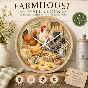 May include: Farmhouse wall clock with a wooden frame. The clock face features a detailed illustration of chickens, eggs, and feed. The clock has a silent mechanism and is easy to hang.