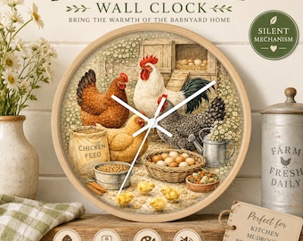 Farmhouse Chicken Wall Clock, Rustic Rooster Kitchen Clock, Country Farm Decor, Hen & Rooster Silent Wall Clock, Cottagecore Kitchen Decor