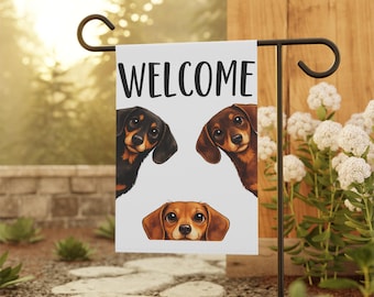 Welcome Teckel Trio Tuinvlag | Huisbanner, schattig hondenhokdecor