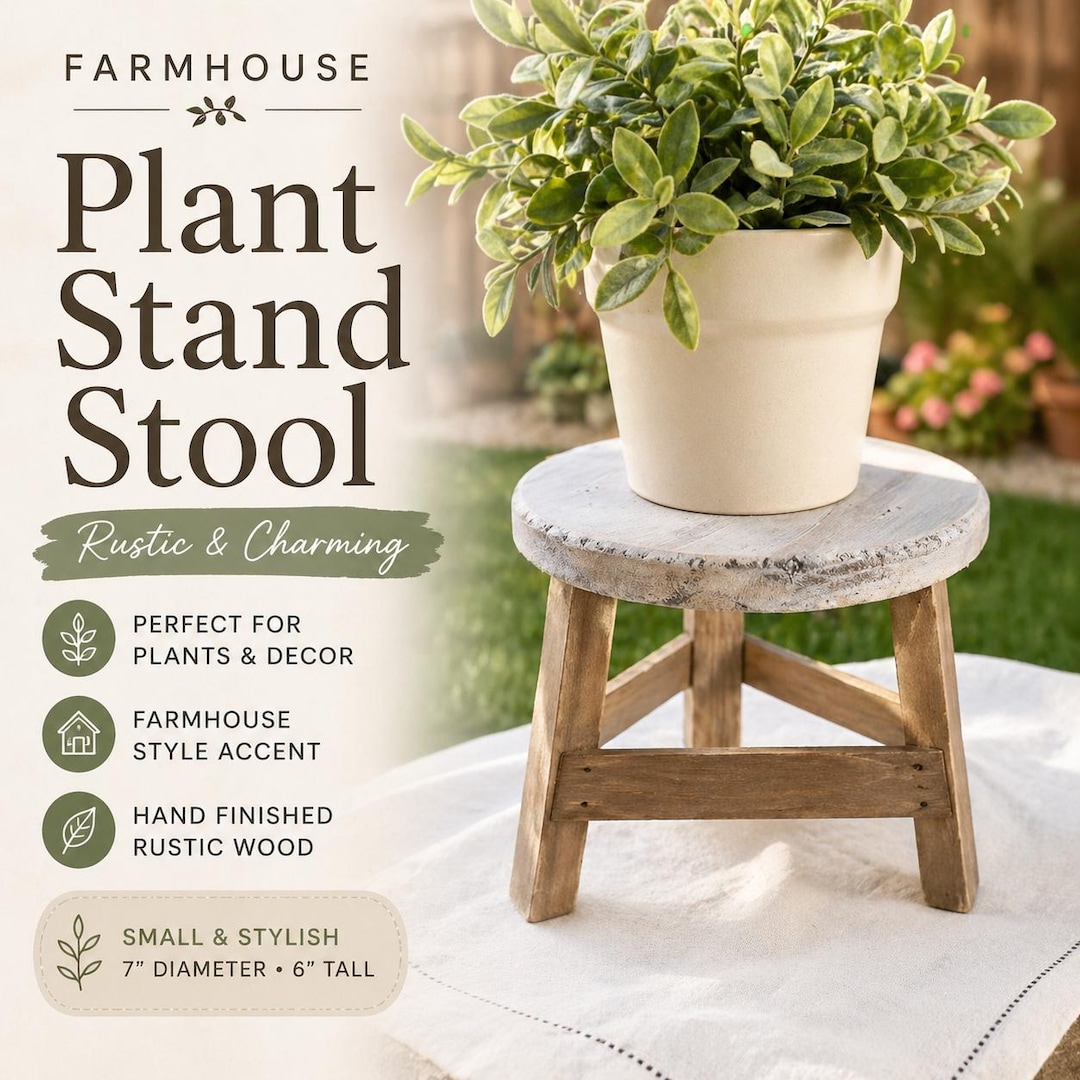 Farmhouse Plant Stand Stool - Rustic Wood Riser, Off-white Accent - Etsy