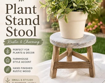 Farmhouse Plant Stand Stool - Rustic Wood Riser, Off-White Accent