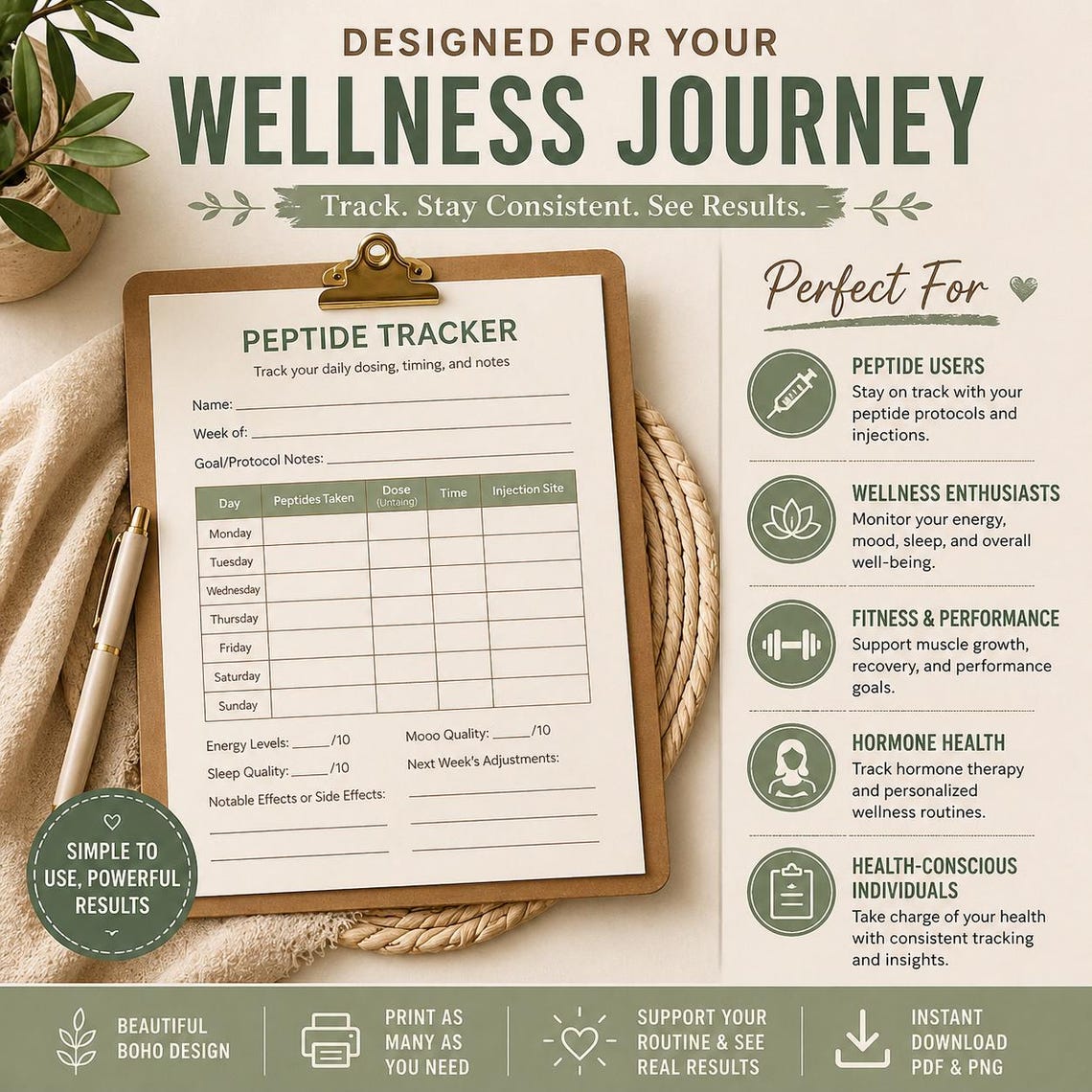 Peptide Injection Log Boho Peptide Tracker Printable | Weekly Wellness Log PDF | Injection ...