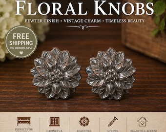 Set of 2 Pewter Flower Drawer Knobs | Floral Cabinet Hardware | Vintage Dresser Pulls | Rustic Cottage Chic Knobs | Pewter Furniture Hardwar