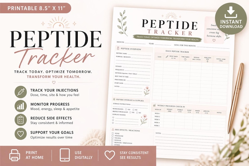 Peptide Injection Log Peptide Tracker Printable | GLP-1 Injection Log, Dosage Progress ...