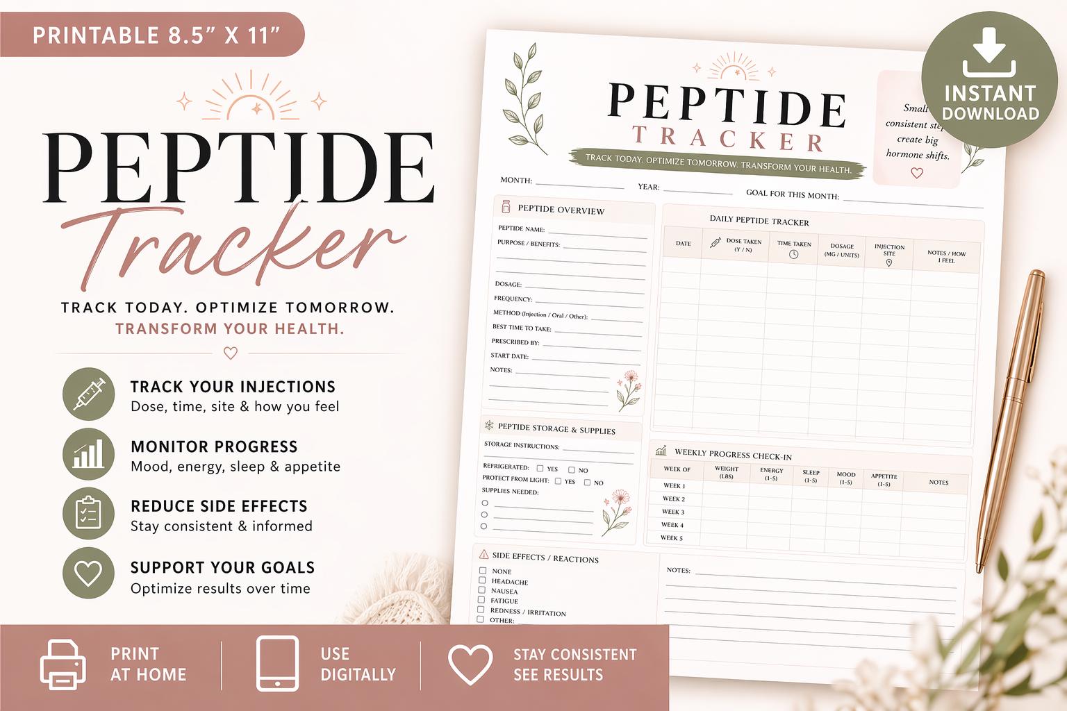 Peptide Tracker Printable | GLP-1 Injection Log, Dosage Progress ...