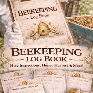 Peut inclure: Un carnet de bord d'apiculture imprimable avec un design vintage. La couverture présente une illustration de ruche avec des accents floraux. Comprend des sections pour les inspections de ruches, la récolte du miel, etc. Comprend également un pot de miel.