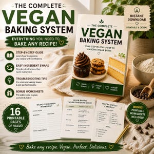 May include: The Complete Vegan Baking System book with a cupcake, cookies, and cake on the cover. Includes worksheets, troubleshooting guides, and pantry staples checklist. The text says "Everything you need to bake any recipe!"