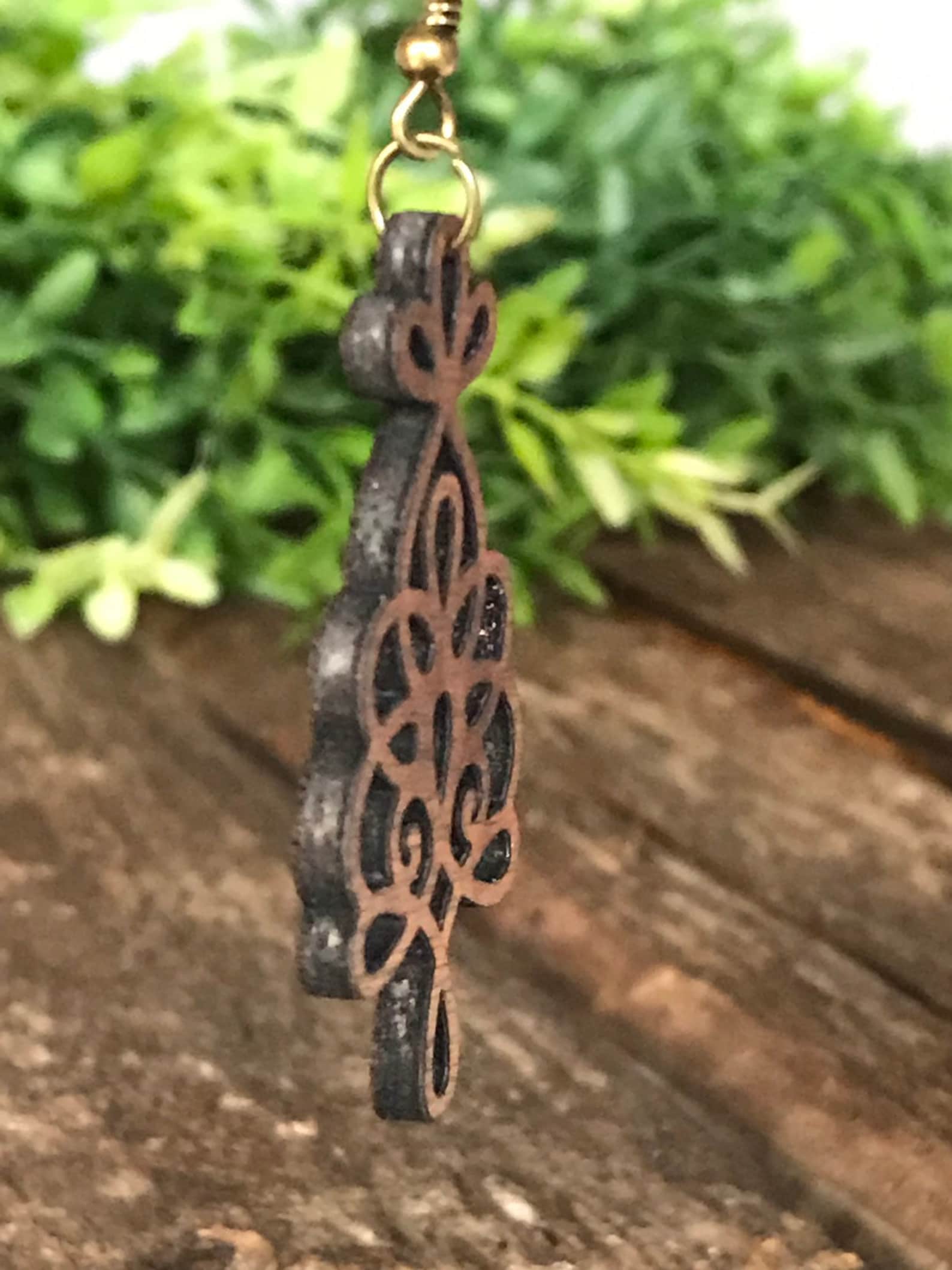 Log Wood Dangle Love Earrings – Copper Plated White K Earrings With Wood Accent, Lightweight Statement Earrings (1.2x2.2 Inches)