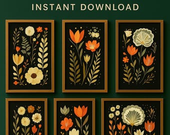 Donkere bloemenkunstprints: wandset botanische galerij (digitale download)