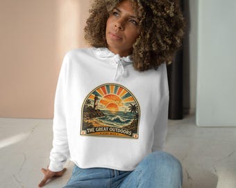 The Great Outdoors zonsondergang strand illustratie crop hoodie | Natuurvibes aan de kust