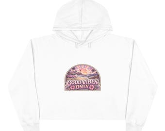 Good Vibes Only - Crop hoodie met zonsondergangafbeelding | positieve slogan met retro bloemen