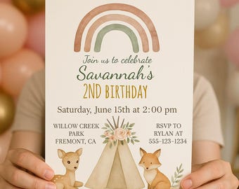 Boho Birthday Invitation Girl: Woodland Deer, Fox, Rainbow (Editable Template)