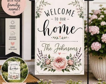 Personalized Welcome Garden Flag | Custom Family Name Flag | Floral Porch Decor | Cottagecore House Banner | Farmhouse Entryway Flag