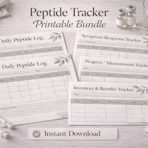 May include: A printable bundle of peptide tracker sheets, including daily logs, symptom response, progress, and inventory trackers. The sheets are light grey with leaf accents and the text "Peptide Tracker Printable Bundle". Syringes, vials, and alcohol prep pads are also visible.