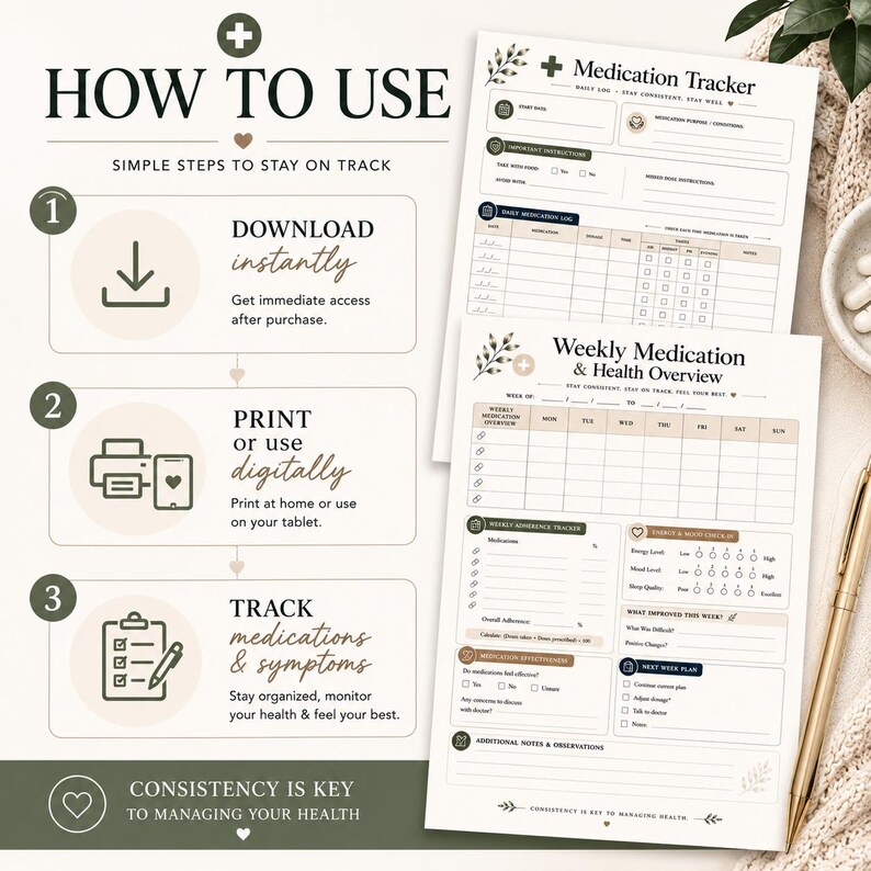 May include: A set of printable medication tracker and health overview sheets. The sheets include sections for daily logs, weekly overviews, and symptom tracking. The text on the sheets reads "How to Use" and "Consistency is Key".