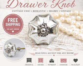 Mercury Glass Drawer Knob | Cottage Chic Cabinet Knob | Romantic Vintage Dresser Pull | Shabby Chic Vanity Hardware | Silver Glass Knob