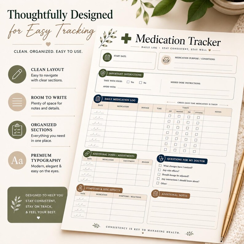 May include: A medication tracker with a clean layout and organized sections. The design includes space for notes and details, with sections for daily logs, doses, and symptoms. The text reads "Thoughtfully Designed for Easy Tracking."