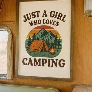 Just a Girl Who Loves Camping Retro Print | Camping Wall Art | Boho Tent Forest Sunset Decor | Outdoorsy Gift for Nature Lovers