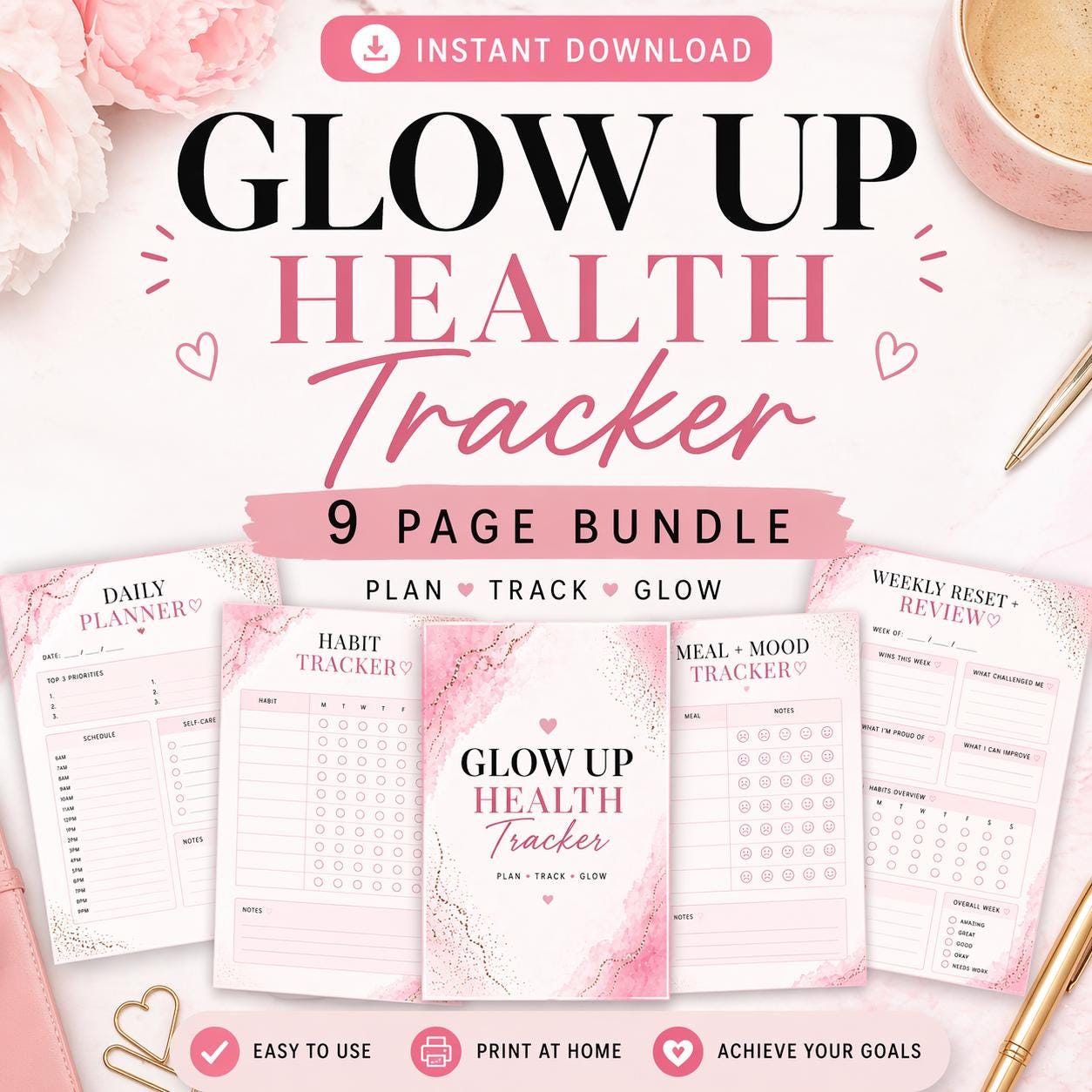 Glow up Health Tracker Bundle | Wellness Planner Printable | Weight ...