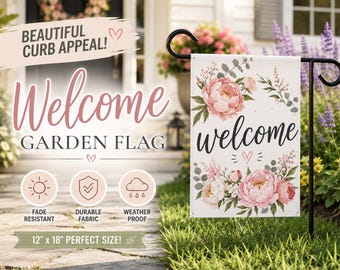 Pink Floral Welcome Garden Flag | Cottagecore Outdoor Decor | Peony Spring Garden Flag | Front Porch Decor | Housewarming Gift | 12x18 Flag