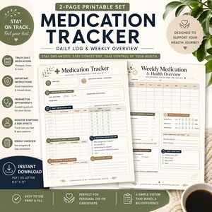 May include: A 2-page printable medication tracker set with a daily log and weekly overview. The design includes sections for tracking medications, dosages, and side effects. The text includes "Stay on Track. Feel your best."