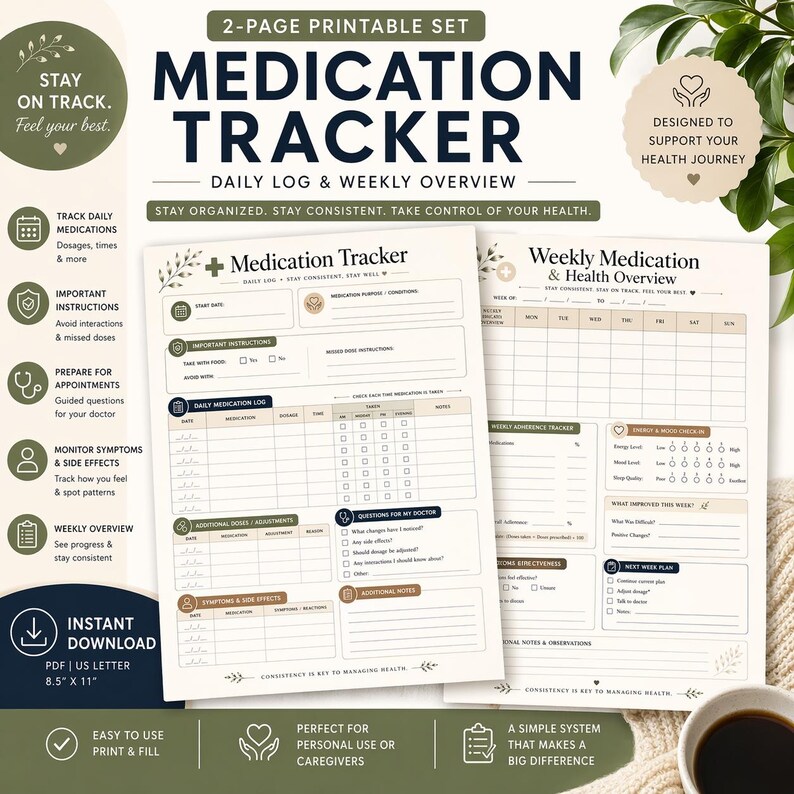 May include: A 2-page printable medication tracker set with a daily log and weekly overview. The design includes sections for tracking medications, dosages, and side effects. The text includes "Stay on Track. Feel your best."