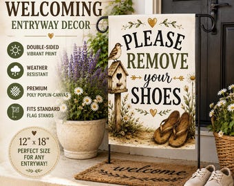 Please Remove Your Shoes Garden Flag | Welcome House Banner, Bird & Flip Flop Design