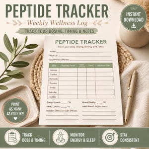 May include: A printable peptide tracker with the text "PEPTIDE TRACKER" and "Weekly Wellness Log". The tracker includes sections for daily dosing, timing, and notes. A pen and a decorative tray are also visible.