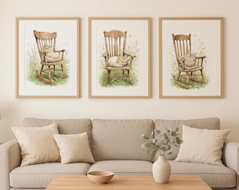 Aquarel kat in schommelstoel kunstafdruk: Cottagecore bloemendecor (digitale download)