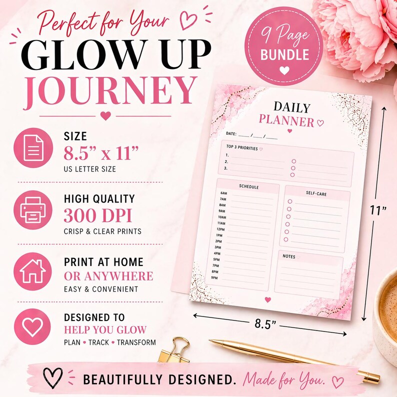 Glow up Health Tracker Bundle | Wellness Planner Printable | Weight ...