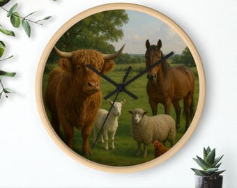 Farm Animal Wall Clock: Rustic Country Kitchen Decor