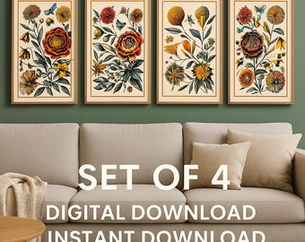 Vintage bloemenmuurkunstset: botanische prints (digitale download)