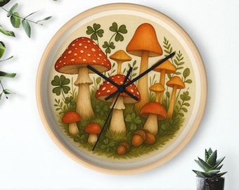 Mushroom Wall Clock, Fungi Home Decor, Nature Lover Gift, Kitchen Clock, Unique Office Clock, Botanical Theme Clock