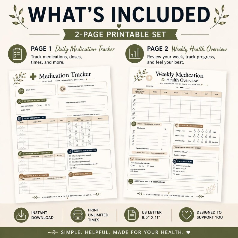 May include: A two-page printable set for health tracking. Page 1 is a daily medication tracker, and page 2 is a weekly health overview. The set includes space for notes, doses, and tracking progress. The US Letter size is 8.5" x 11".