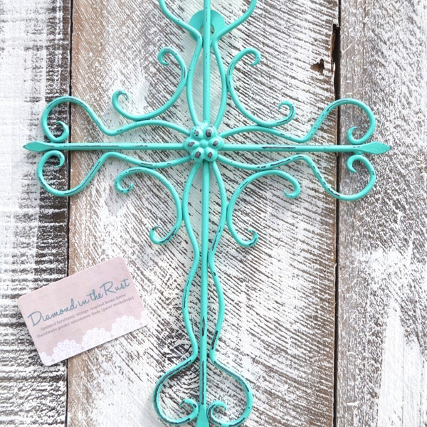 Aqua Metal Cross Wall Art / Turquoise Cross Home Decor / Bathroom Bedroom Kitchen Kids Room Decor Outdoor / Christian Gift