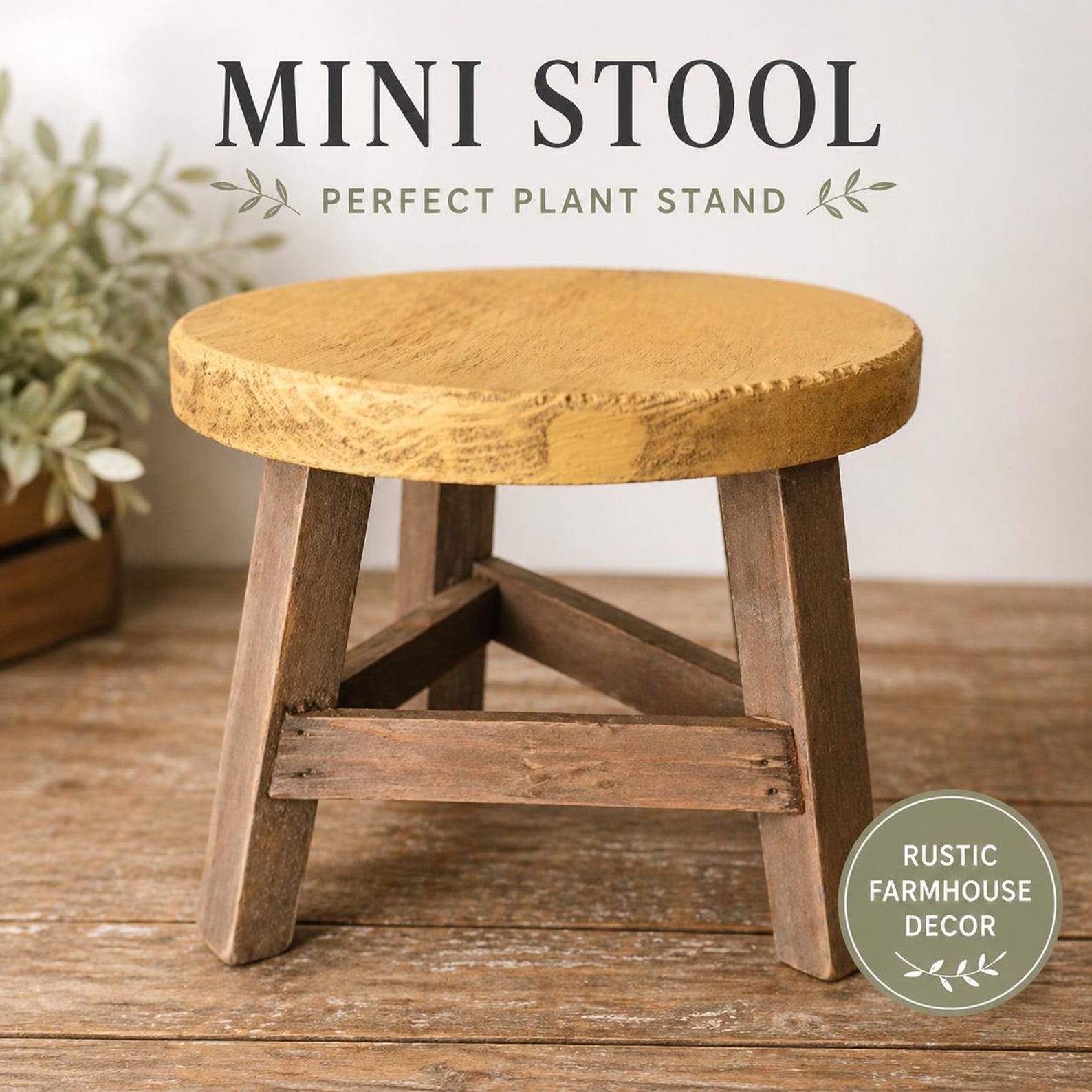 Mini Wooden Stool Plant Stand – Farmhouse Decor Riser, Rustic Wood ...
