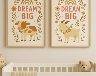 Boho print set koeien- en geitenkwekerij: 'Dream Big' muurkunst (digitale download)