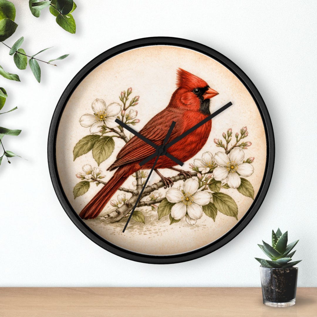 Vintage Northern Cardinal Illustration Wall Clock | Floral Bird Decor ...