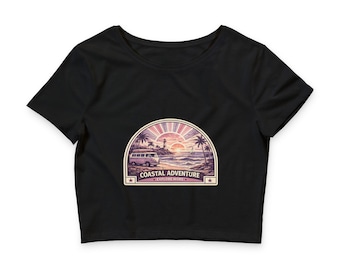 Crop T-shirt Coastal Adventure Sunset met print | Vintage strandpalmontwerp