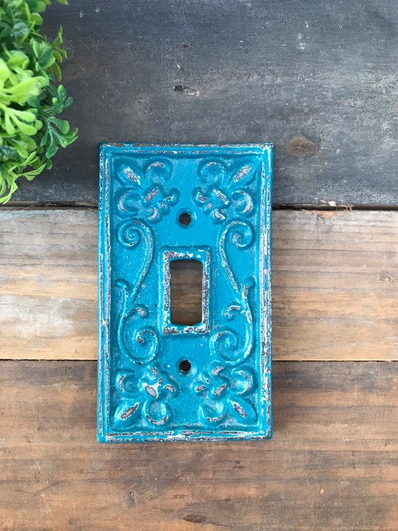 Light Switch Cover Teal Switch Plate Cover Fleur De Lis Switch Plate Scroll Design Cast Iron Turquoise Decor Youth Bedroom Decor