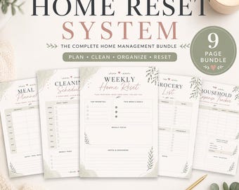 Home Management Planner Printable, Home Reset System, Cleaning Schedule, Meal Planner, Grocery List, Household Binder, Organization Planner