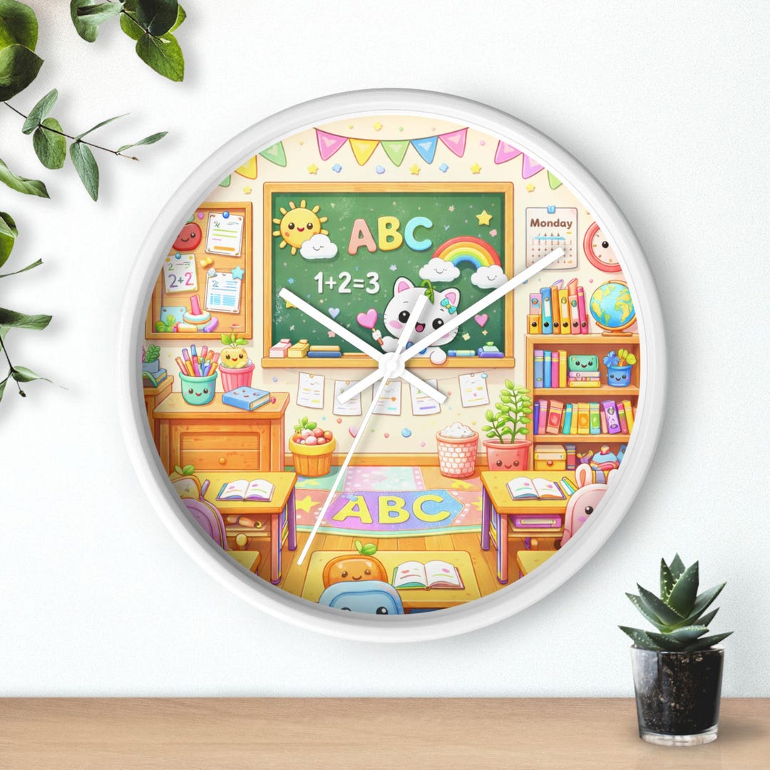 Cute Classroom ABC Design Wall Clock | School Desk, Chalkboard, Rainbow ...