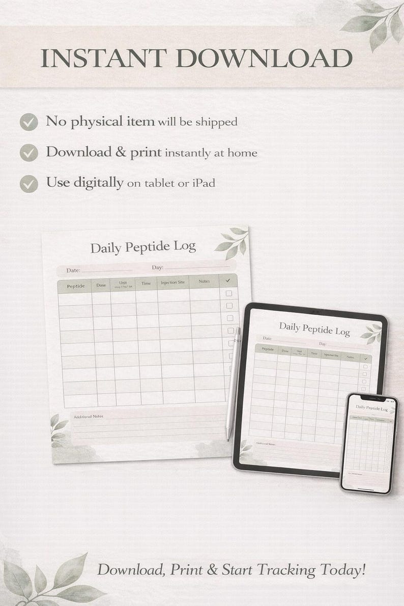 Peptide Injection Log Peptide Tracker Printable Bundle | Daily Log, Weekly Tracker, Symptom ...