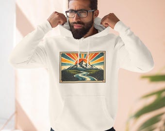 Retro Mountain Sunrise Hoodie | River Landscape Graphic