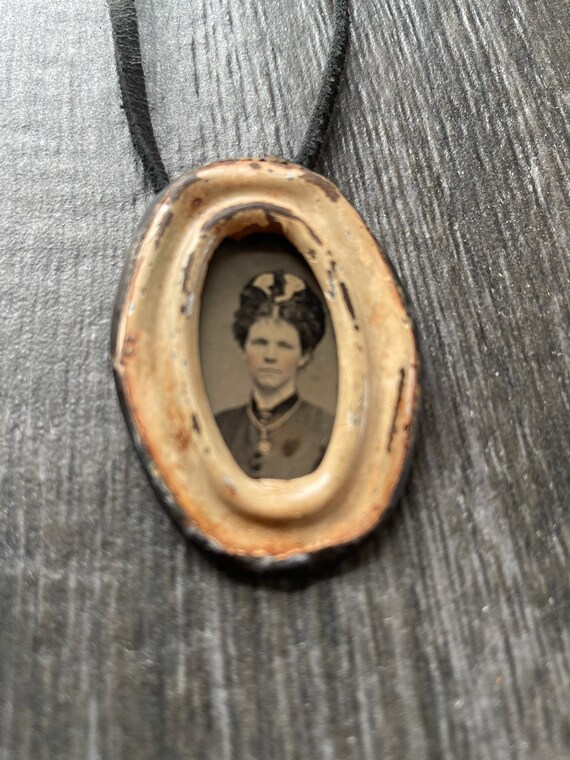 Vintage tin type photo in a frame necklace