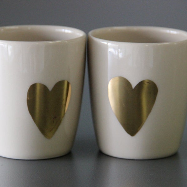 gold espresso cups / unique wedding gift / gold heart sake cups / gold shot glasses / gold heart espresso cups