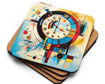 May include: Set of four square cork coasters featuring a colourful abstract design with a clock face in the centre. The clock face has Roman numerals and a blue, red and yellow background.